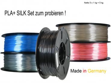 5 er Set PLA+ Shiney Silk 1,75mm 3D Drucker Filament 5 x 1kg = 5kg  Black Pearl / Pyrit Gold /Silicium Silver / Diamond Blue / Turmalin Red