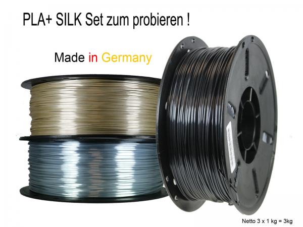 3 er Set PLA+ Shiney Silk 1,75mm 3D Printer Filament 3 x 1kg = 3kg  Pyrit Gold / Silicium Silver / Black Pearl