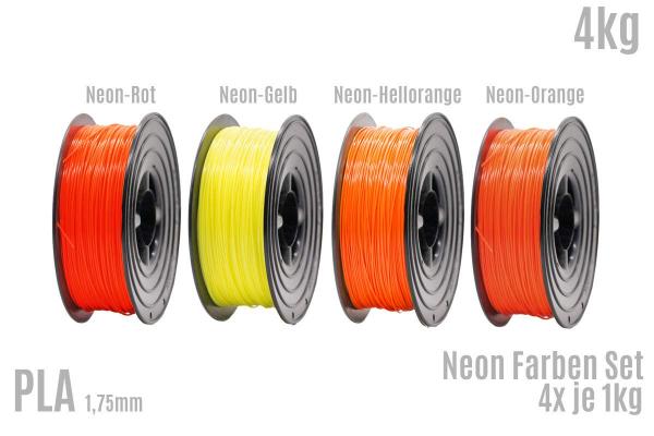 Neon PLA SET 4x 1kg Rolle Neon 1,75mm in Neon Rot/Gelb/Orange/Hellorange 4er Set (4Kg)
